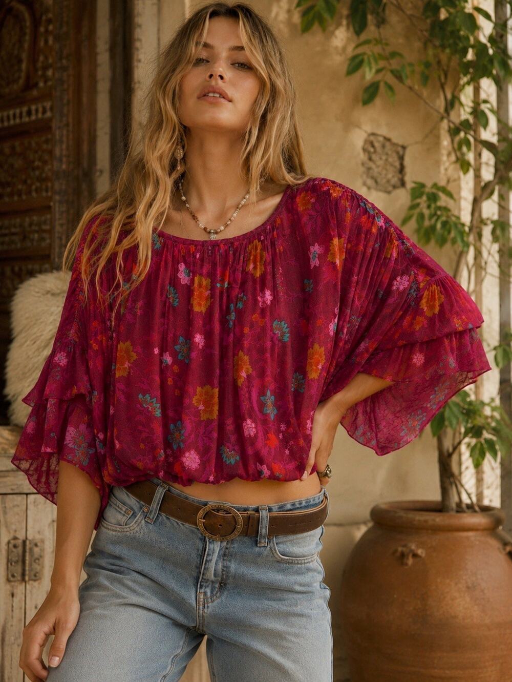 Free People Blouse Wildflower Honey Floral Top Berry Ruch Shoulder Peasant Sz XS